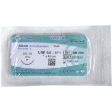 Sutur, Silon Monofilament, 45cm, blå, 5/0, DS-15 nål (DS-16), Non-resorberbar, steril