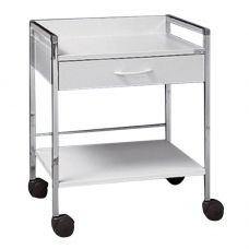 Klinikbord, Variocar 45, hvid, forkromet stål, med hjul og 1 skuffe